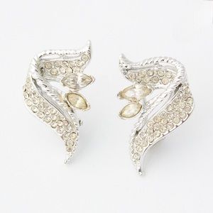 Vintage Rhinestone Ribbon Clip On Earrings Silver Tone
